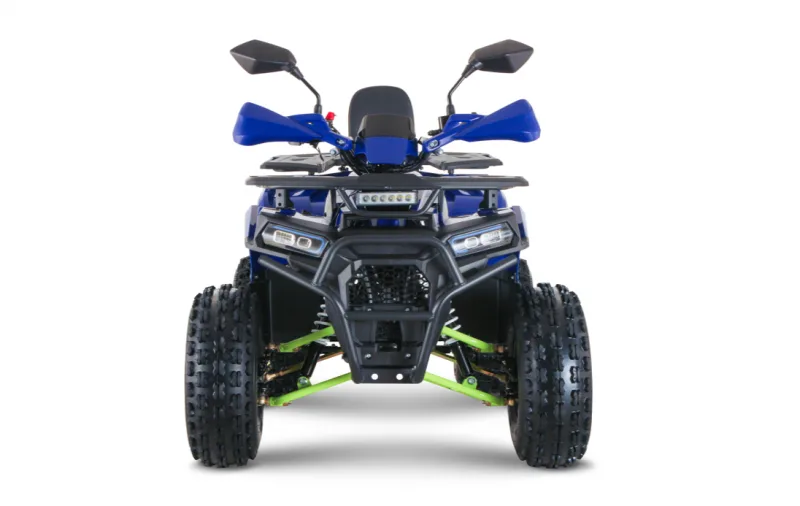 Quadriciclo Markx Hammer 125 S azul, visto de frente, com protetor dianteiro e faróis de LED